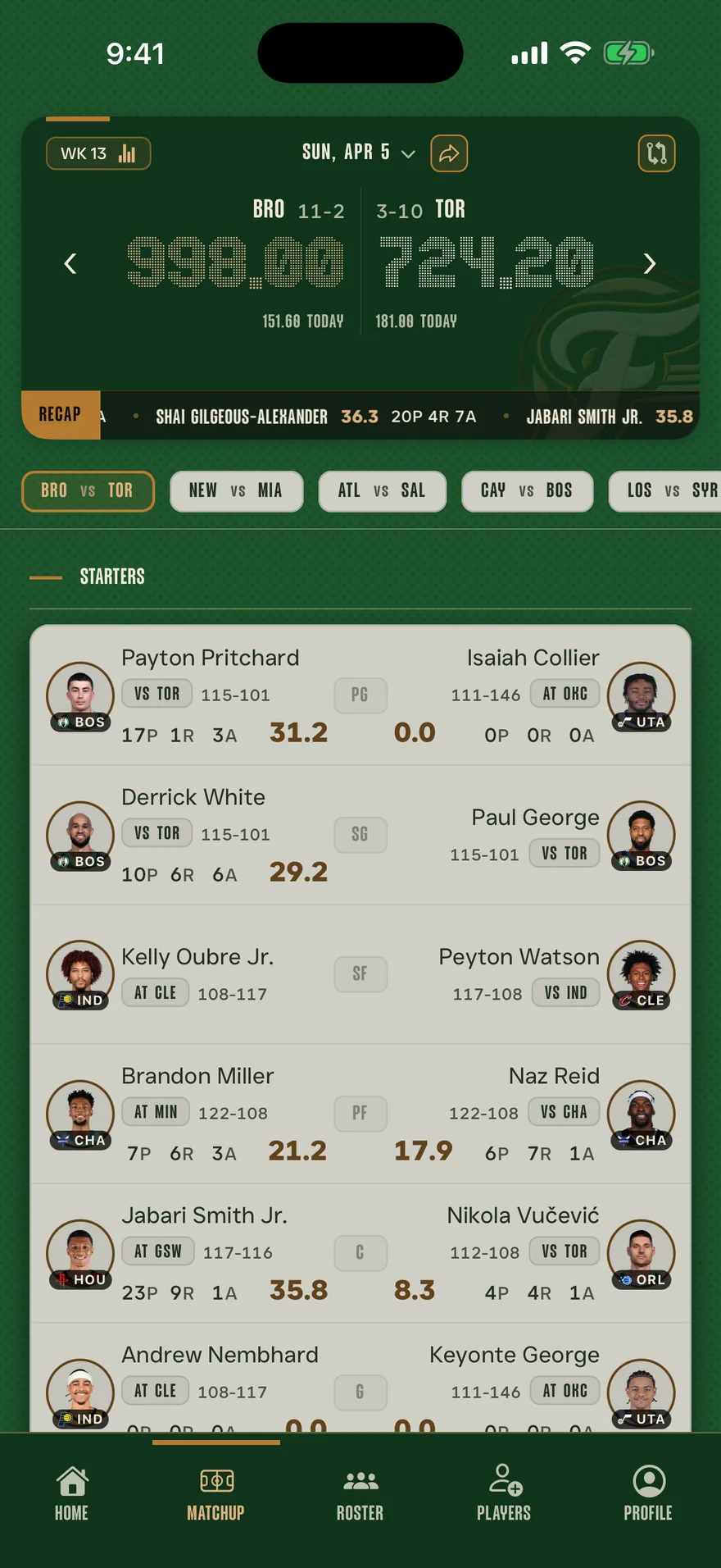 A live head-to-head matchup in Franchise — both teams' running totals for the week above a starter-by-starter breakdown, each with the player's opponent, box score and fantasy points